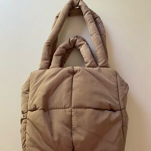 NEW Super Puffy Nylon Tote Quilted Puffer Bag Shoulder Straps Handles Tan Brown